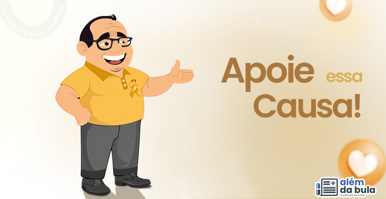 Personagem com laço dourado – Apoie essa causa Um personagem sorridente com óculos, camisa amarela com laço dourado, calça escura e sapatos pretos. Ele estende uma mão em gesto amigável. O fundo é bege com corações suaves. À direita, está escrito “Apoie essa causa!”. No canto inferior direito, há um logotipo com a frase “Cuidando de você”.