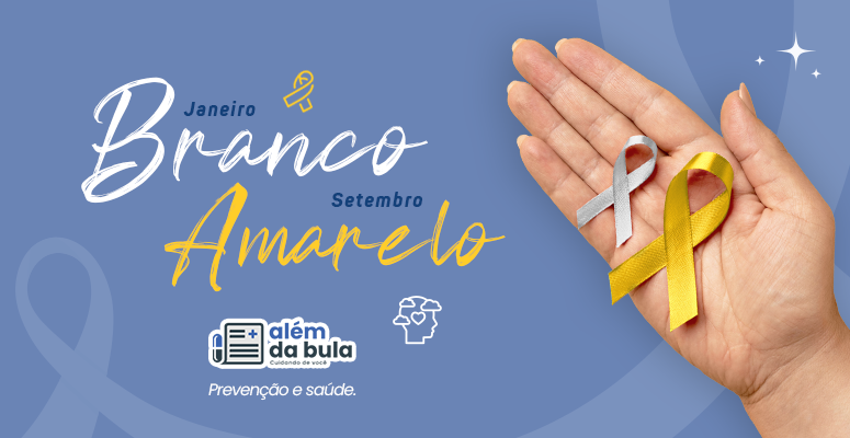Janeiro Branco e Setembro Amarelo, imagem que ilustra o assunto abordado no blog. Na imagem mostra a mão aberta de um adulto, segurando um laço branco e outro amarelo, fazendo referência aos símbolos das campanhas. Além disso, a imagem contém uma chamada: “Prevenção e saúde”.