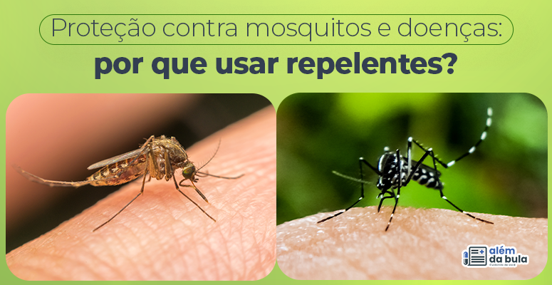 Arte com título: "Proteção contra mosquitos e doenças: por que usar repelentes?". Na imagem, vemos duas fotos de mosquitos pernilongos. Ambos estão pousados sobre a pele de pessoas e se preparam para picá-la. O pernilongo da imagem mais a esquerda possui uma cor mais amarronzada, enquanto o outro mais a direita é preto e possui pintinhas brancas.
