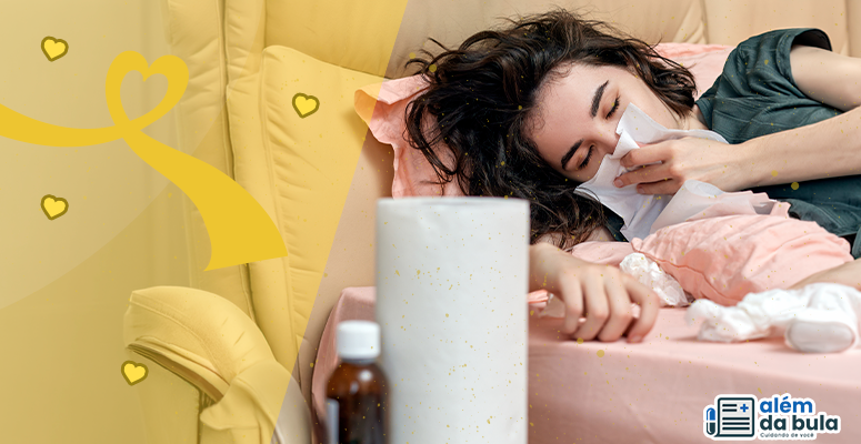 Pessoa deitada em cama com lençóis cor-de-rosa usa lenço para assoar o nariz. Ao redor, há lenços amassados, frasco de remédio e rolo de lenços. Fundo com poltrona amarela e sobreposição com corações.