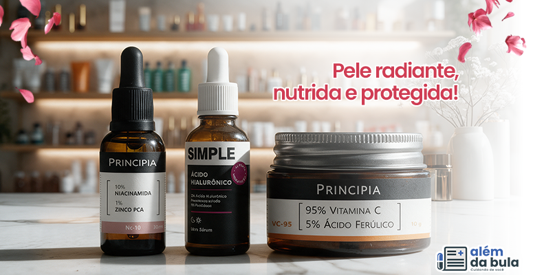 Na imagem tem produtos de skincare, flores ilustrativas e a seguinte frase: 'Pele radiante, nutrida e protegida'.